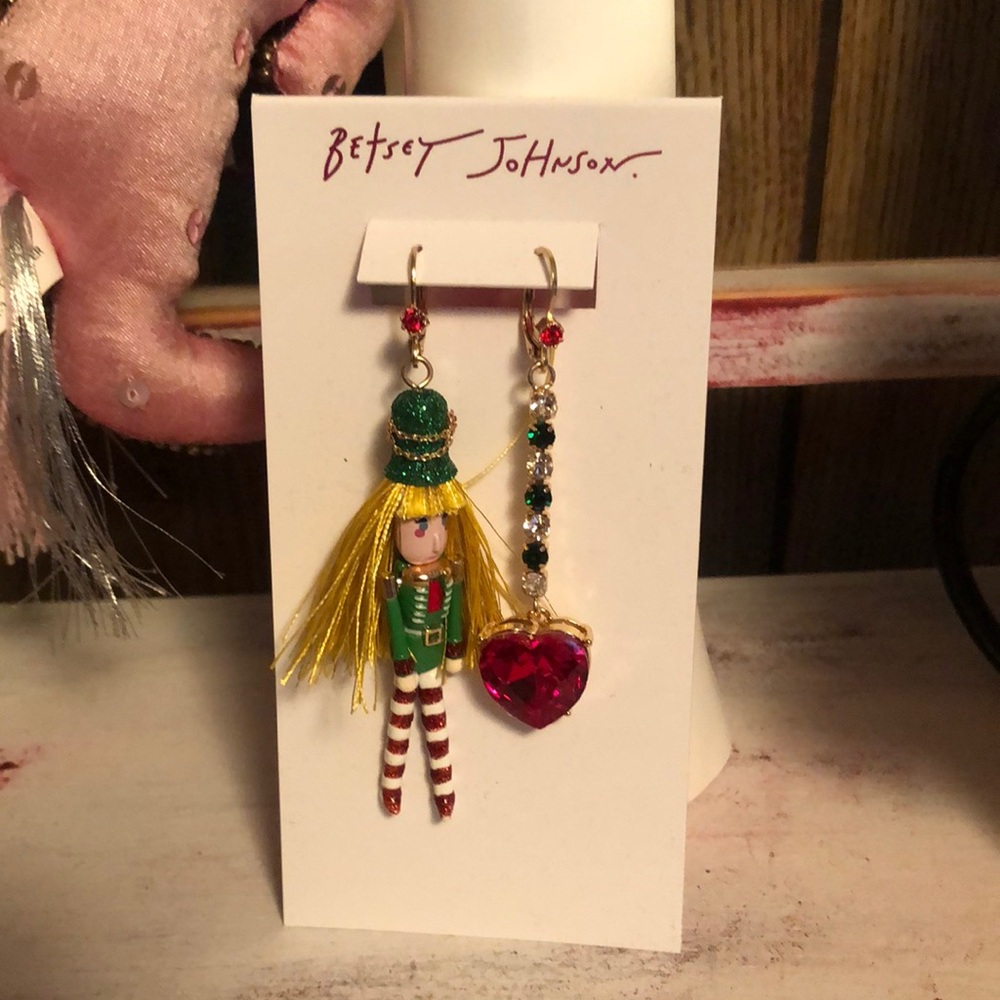 NWT Betsey Johnson Nutcracker and Heart Earrings with Rhinestones